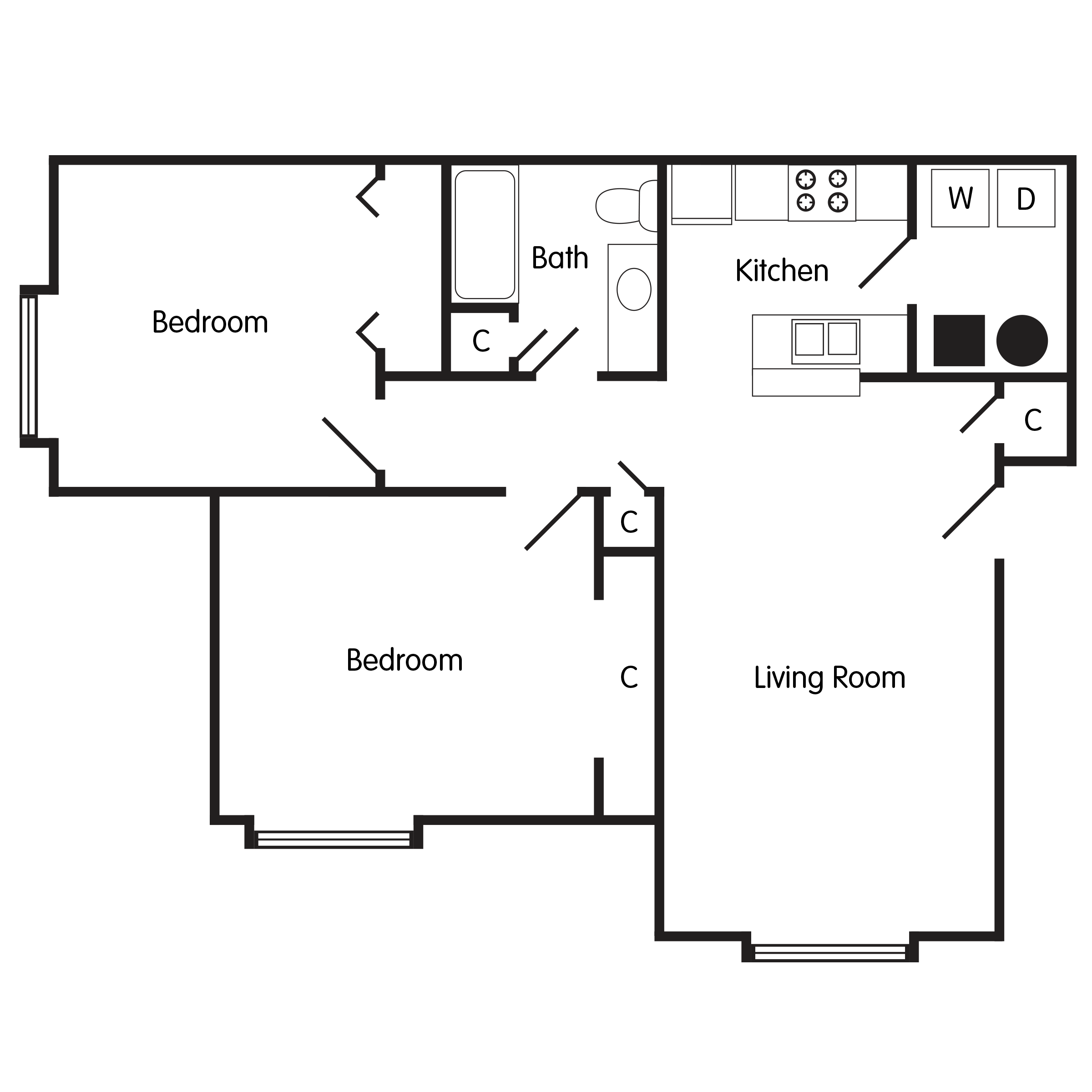 Floor plan for 2 beds, 1 bath, 800 sqft